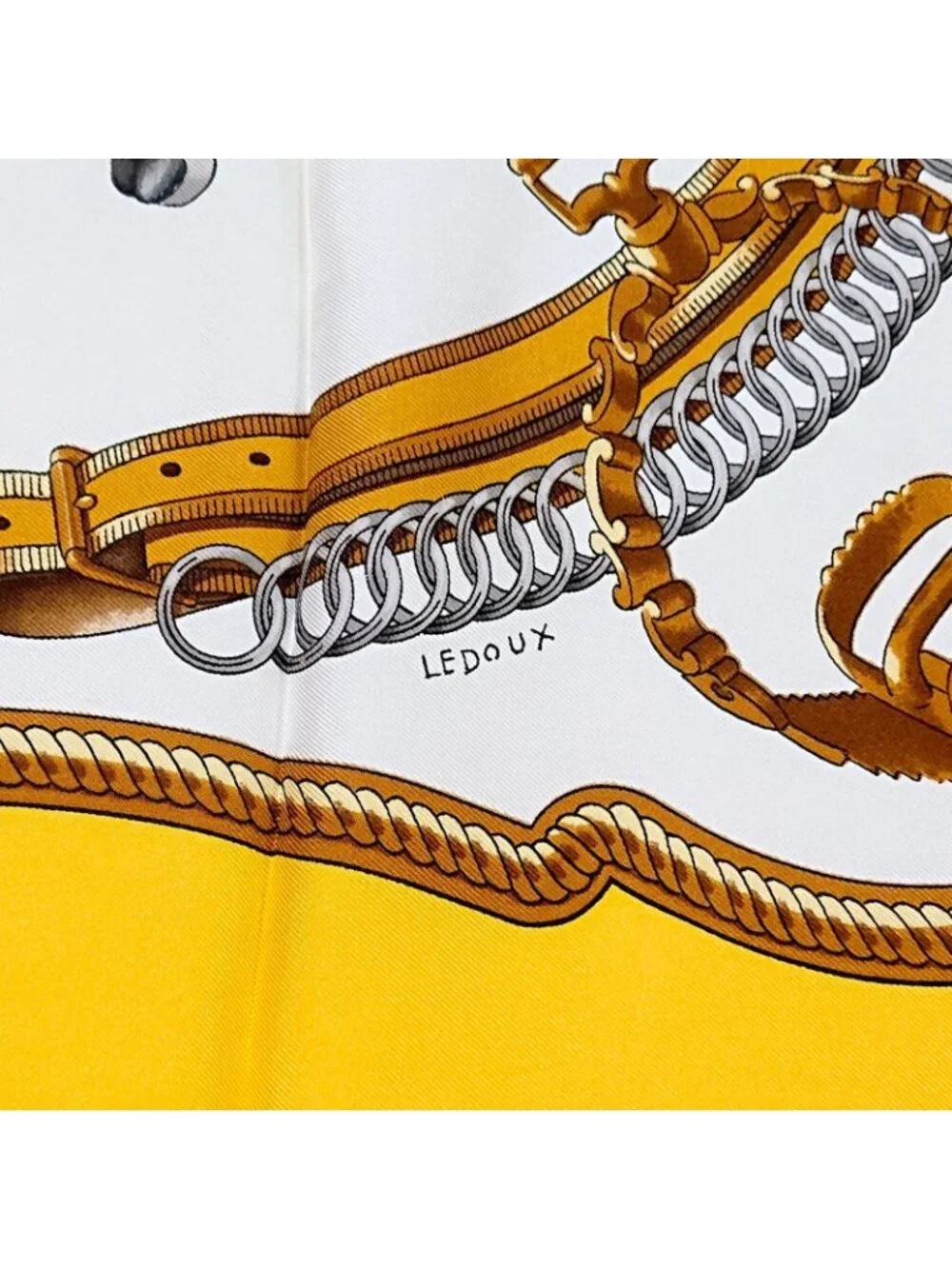 Hermes Carre 90 Reprise Ledoux Yellow Silk 100% Large Scarf